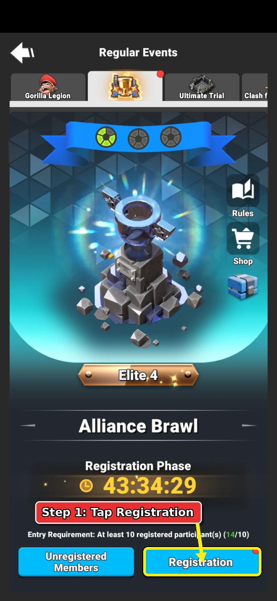 Annotated Alliance Brawl event page showing the Registration button.