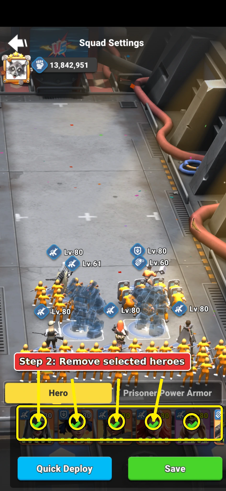 Annotated Alliance Brawl lineup screen showing selected hero cards to remove.