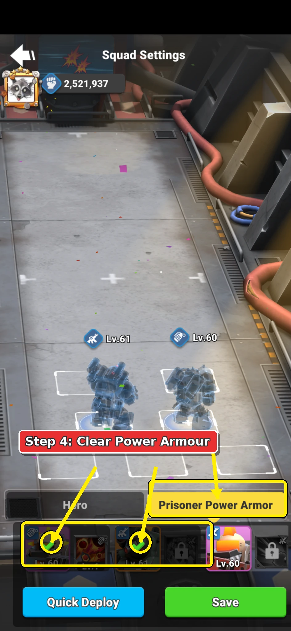 Annotated Alliance Brawl Power Armour tab showing selected Power Armour cards to remove.
