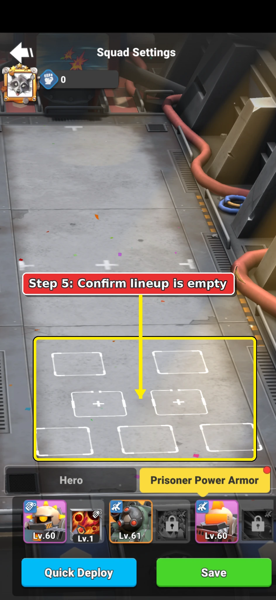 Alliance Brawl arena showing empty hero and Power Armour positions.