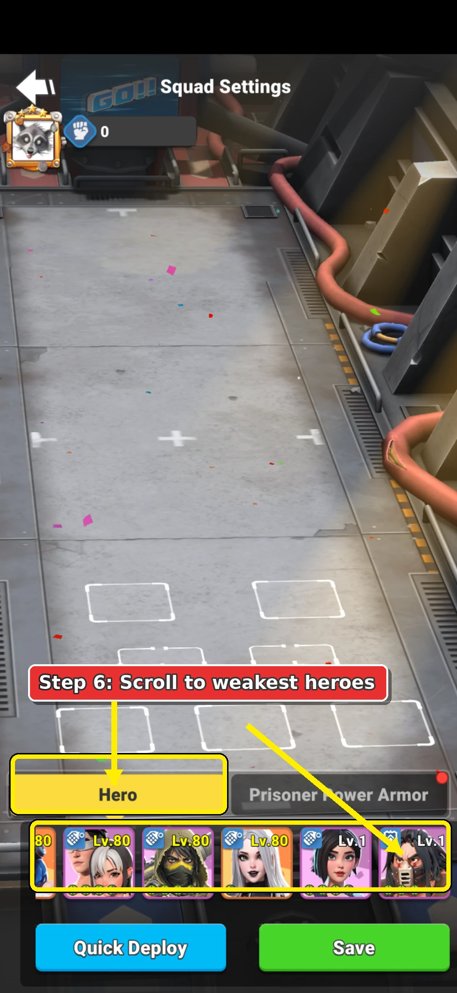Annotated Alliance Brawl Hero tab showing the weakest heroes at the end of the list.