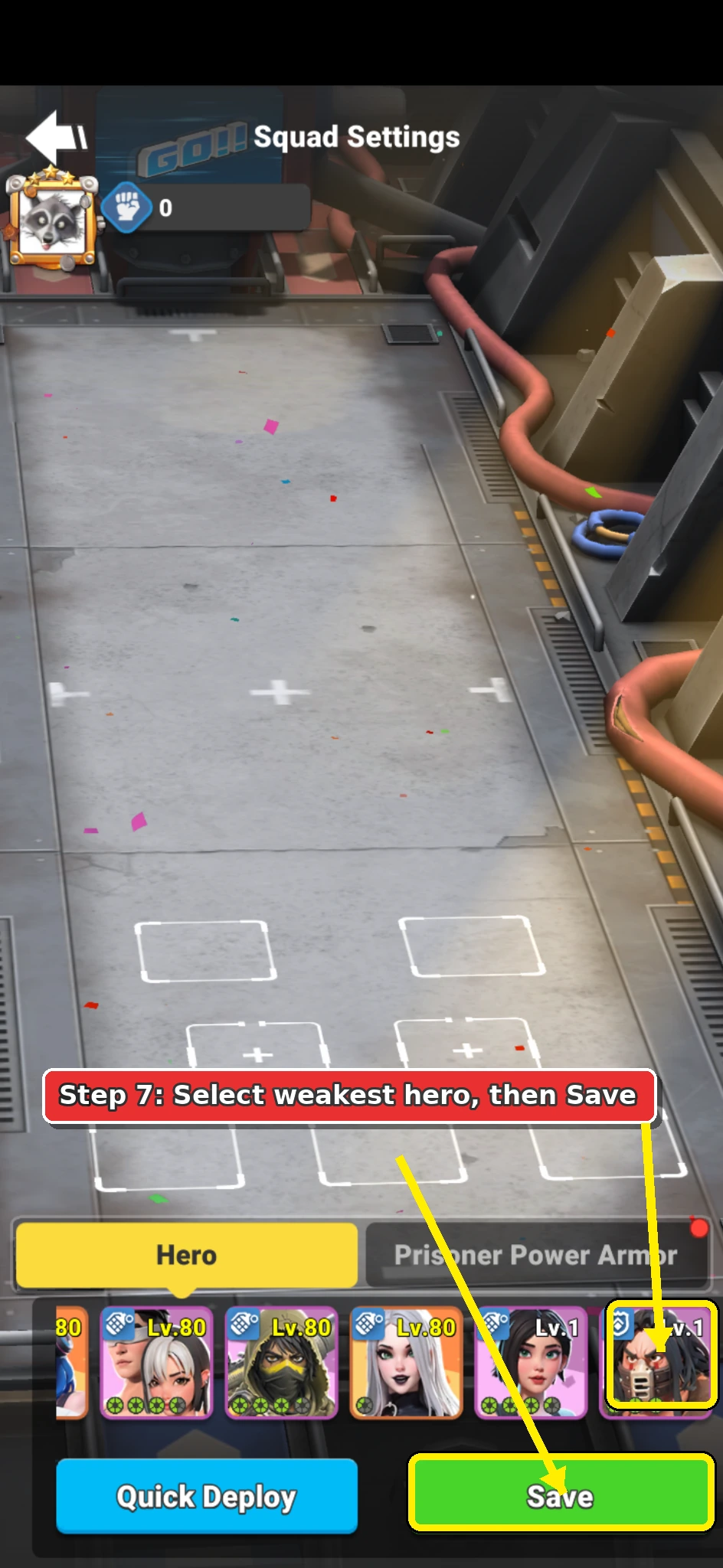 Annotated Alliance Brawl Hero tab showing one weak hero selected and the Save button.
