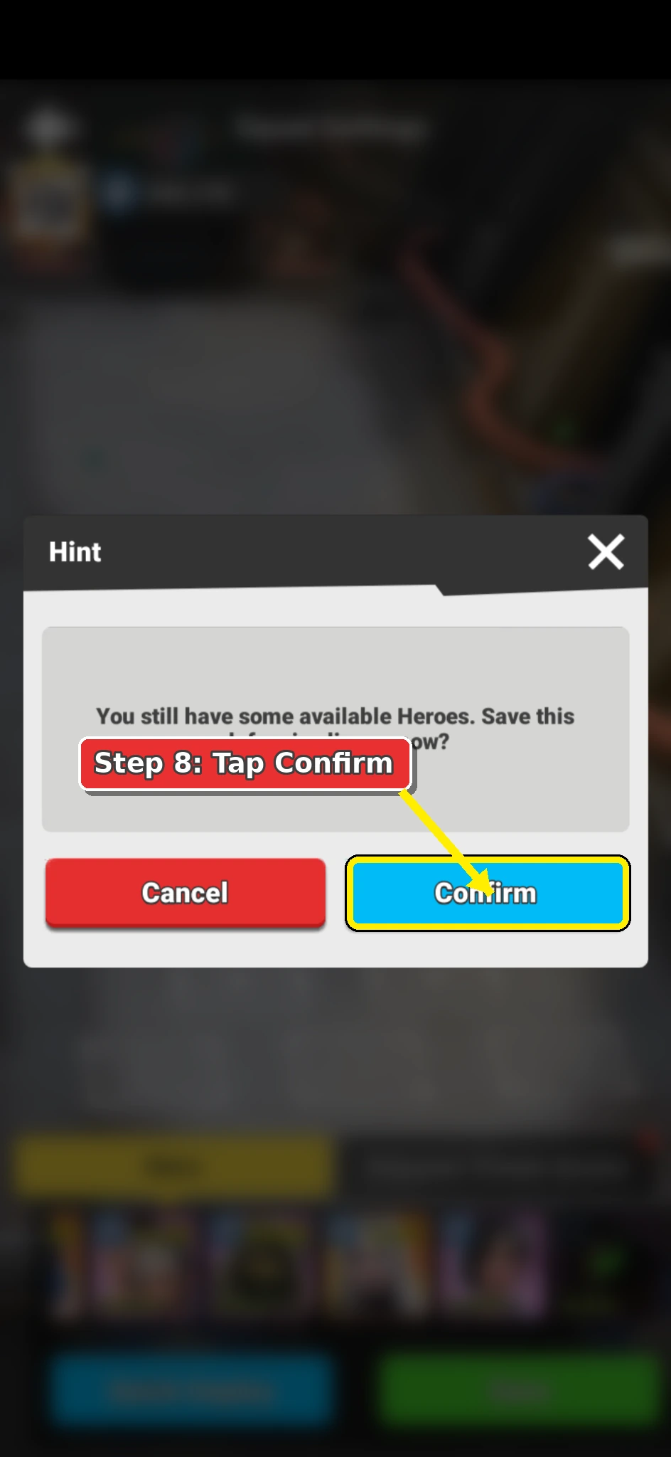 Alliance Brawl hint message with the Confirm button highlighted.