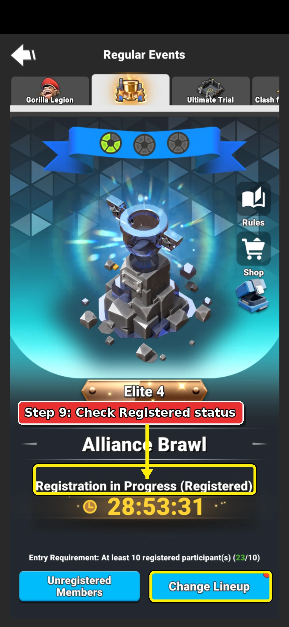 Alliance Brawl event page showing Registration in Progress and Registered status.