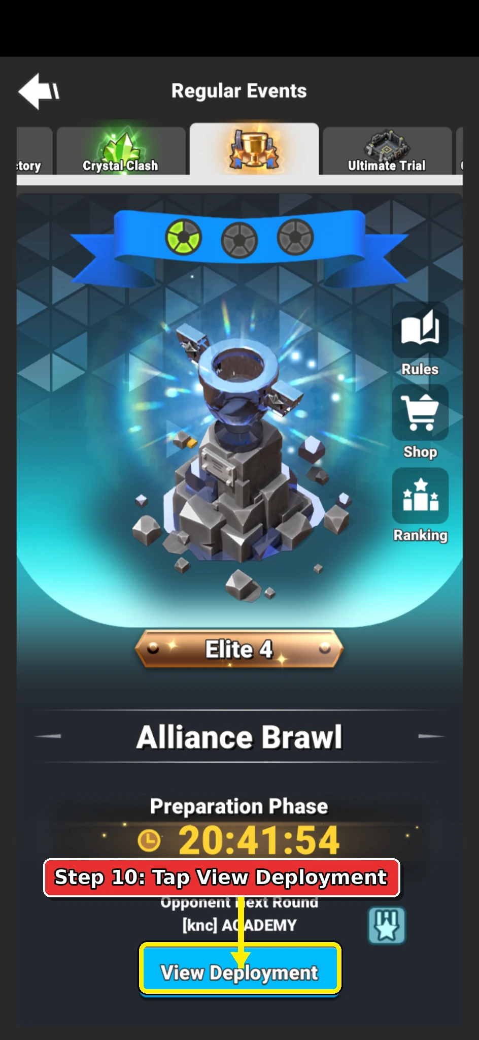 Annotated Alliance Brawl Preparation Phase page showing the View Deployment button.