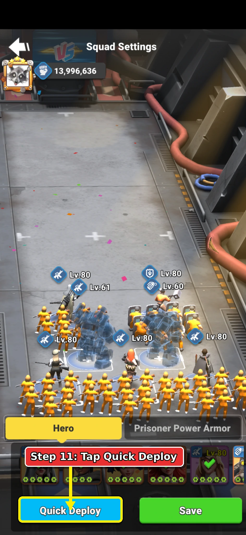 Annotated Alliance Brawl deployment screen showing the Quick Deploy button.