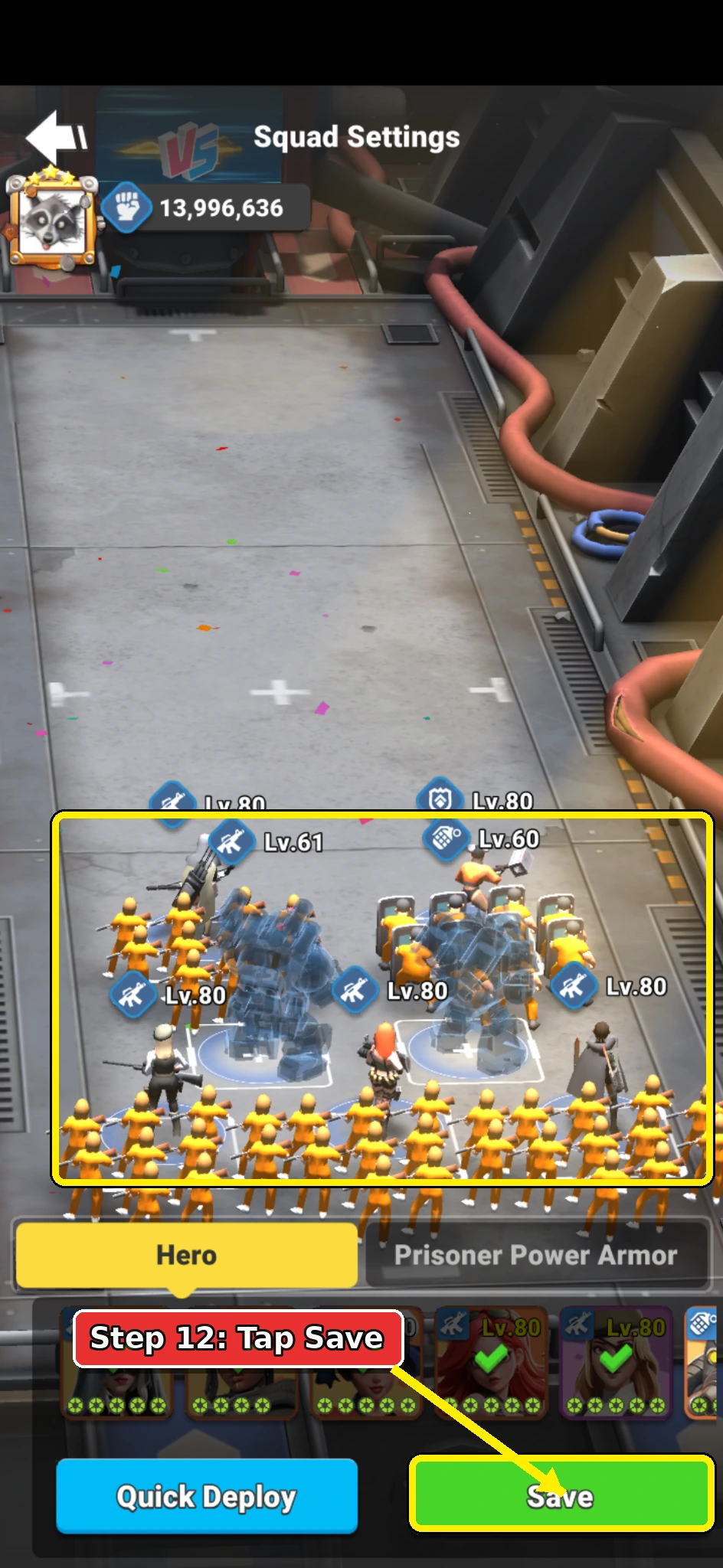 Annotated Alliance Brawl deployment screen showing the Save button for a strong lineup.