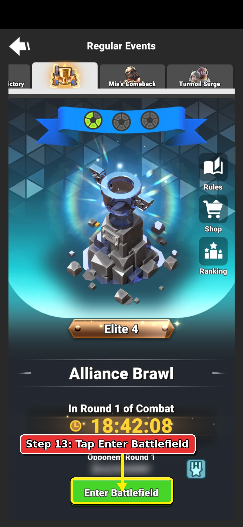 Annotated Alliance Brawl Combat page showing the Enter Battlefield button.