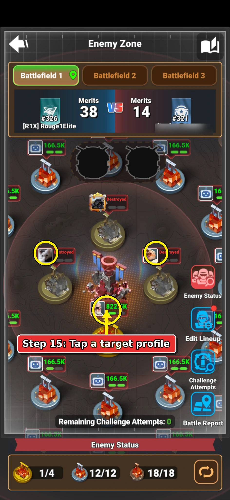 Alliance Brawl Enemy Zone screen showing enemy defenders to inspect.