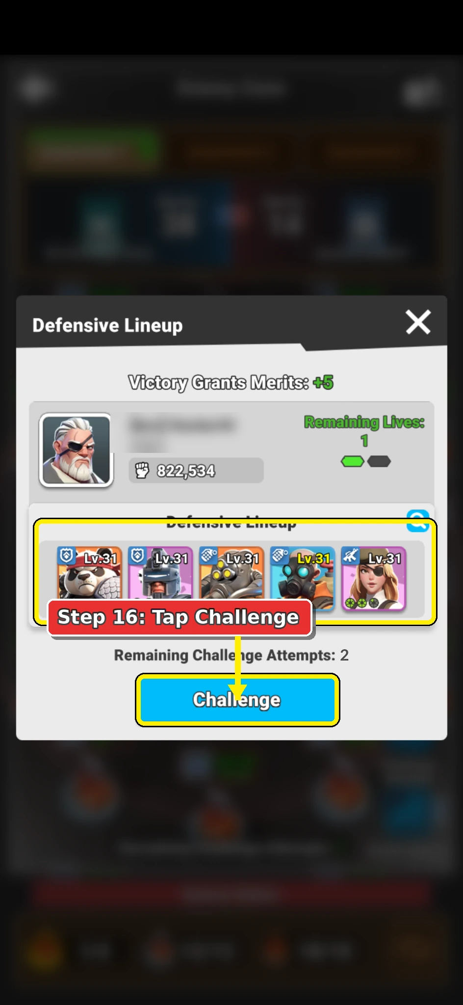Alliance Brawl defender review screen showing the Challenge button.