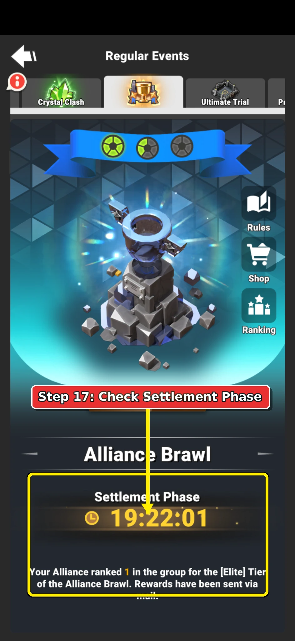 Alliance Brawl Settlement Phase screen showing the event ranking state.