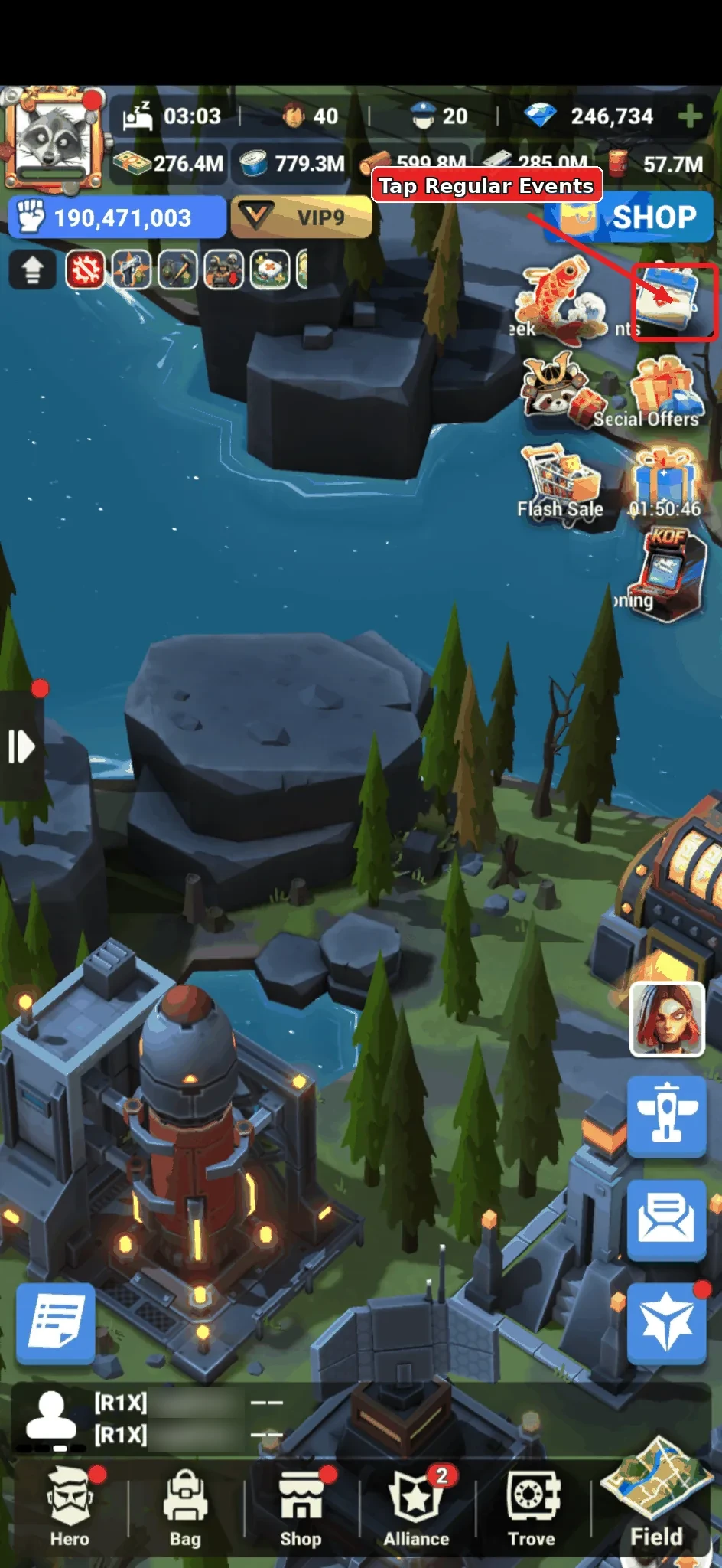 Annotated main screen showing the Regular Events button for Gorilla Legion.