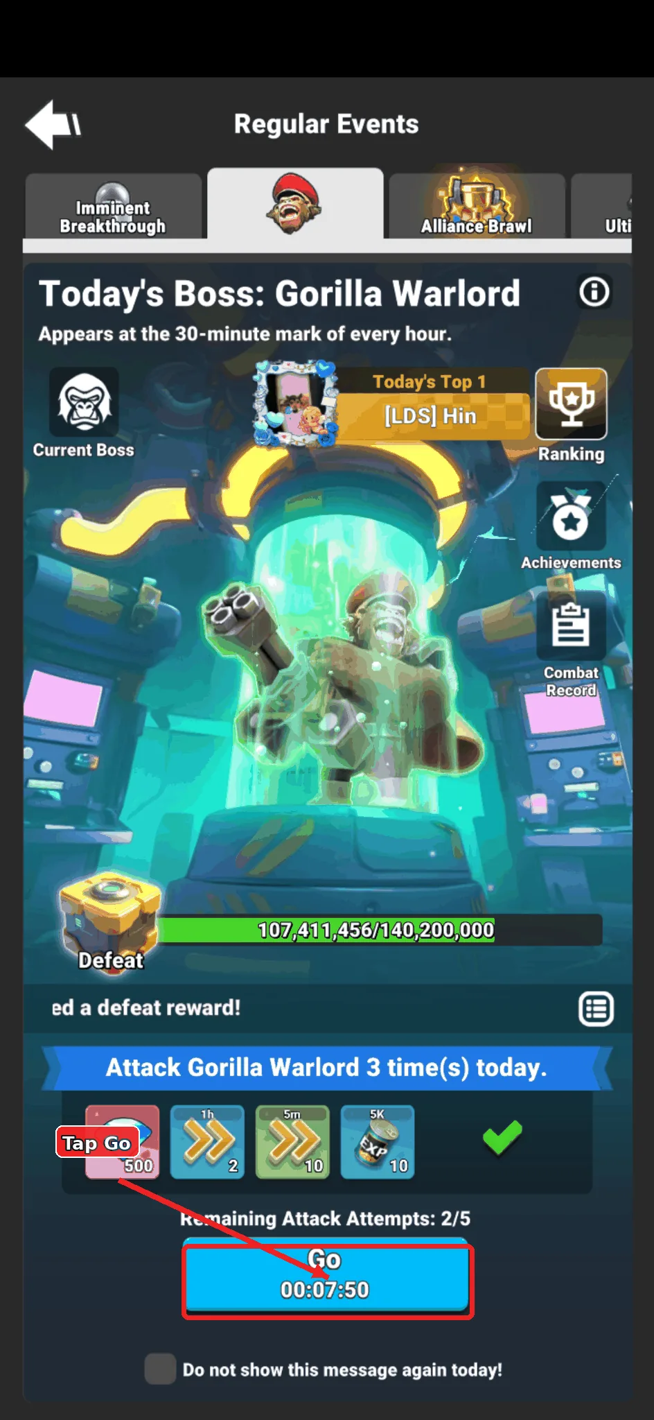 Annotated Gorilla Legion event page showing the Go button.