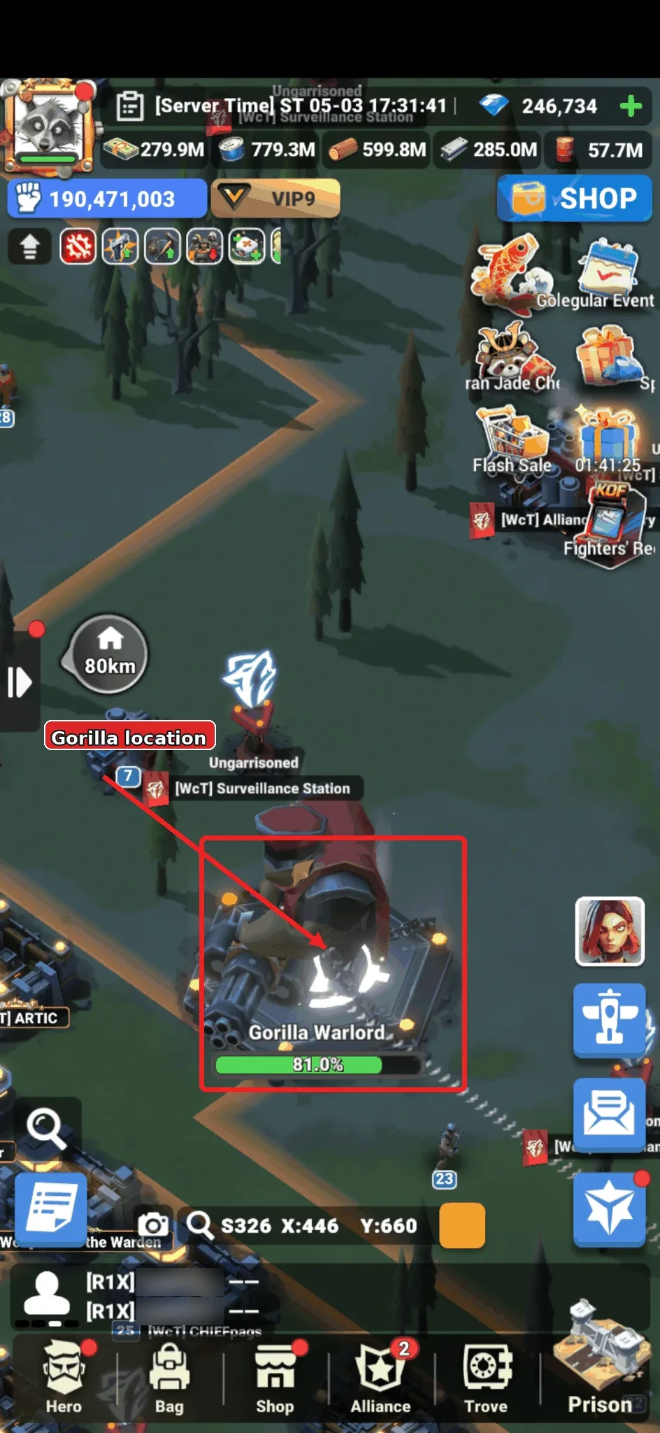 Annotated world map showing the Gorilla Legion boss location.