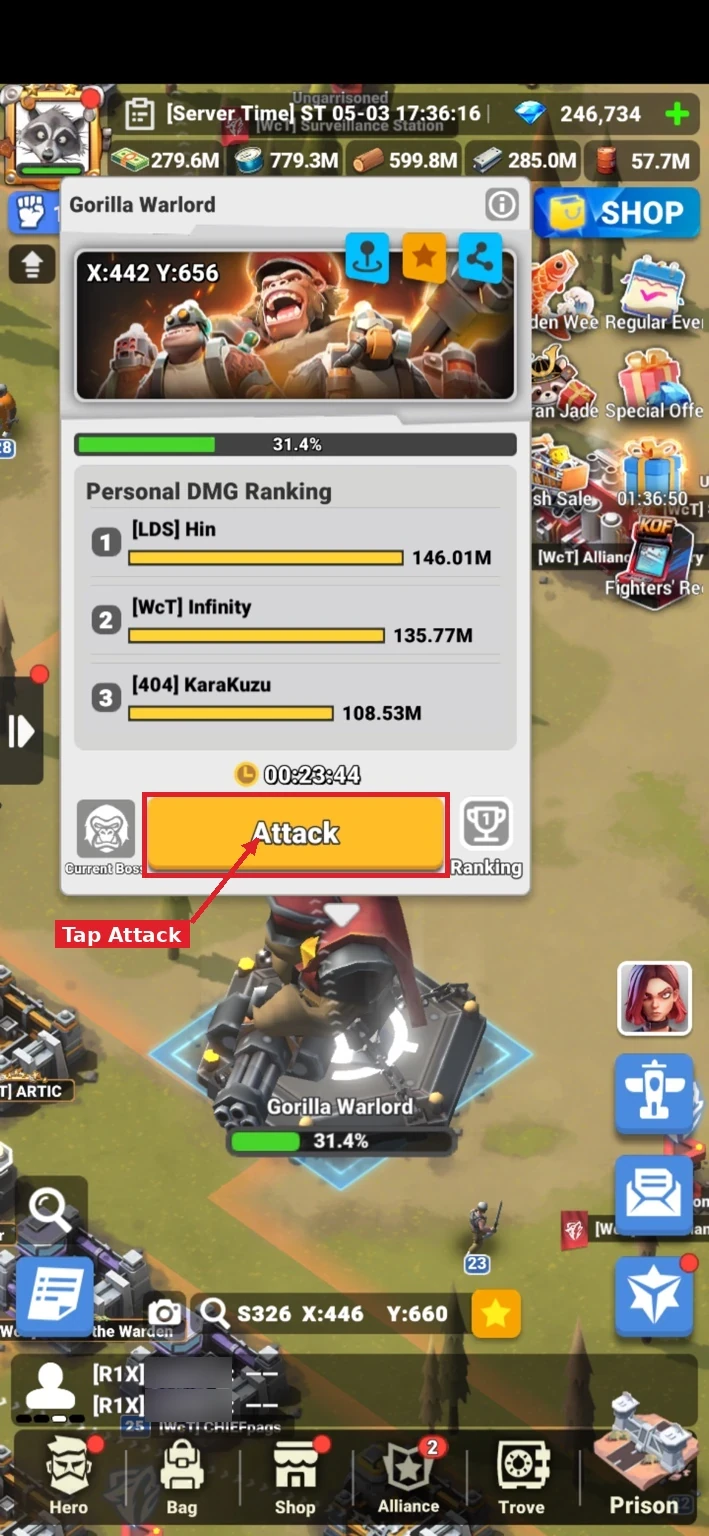 Annotated Gorilla Legion action menu showing the Attack button.