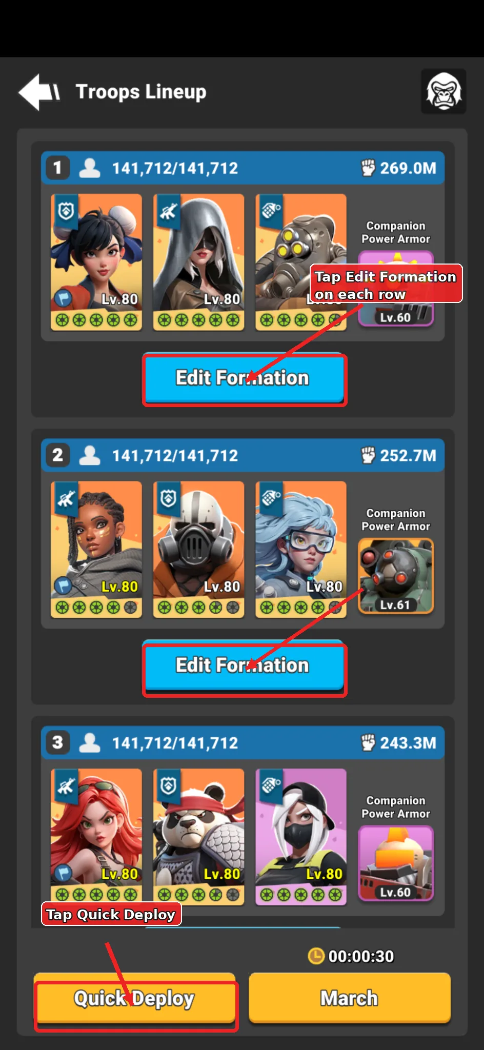Annotated formation screen showing Quick Deploy and Edit Formation controls.