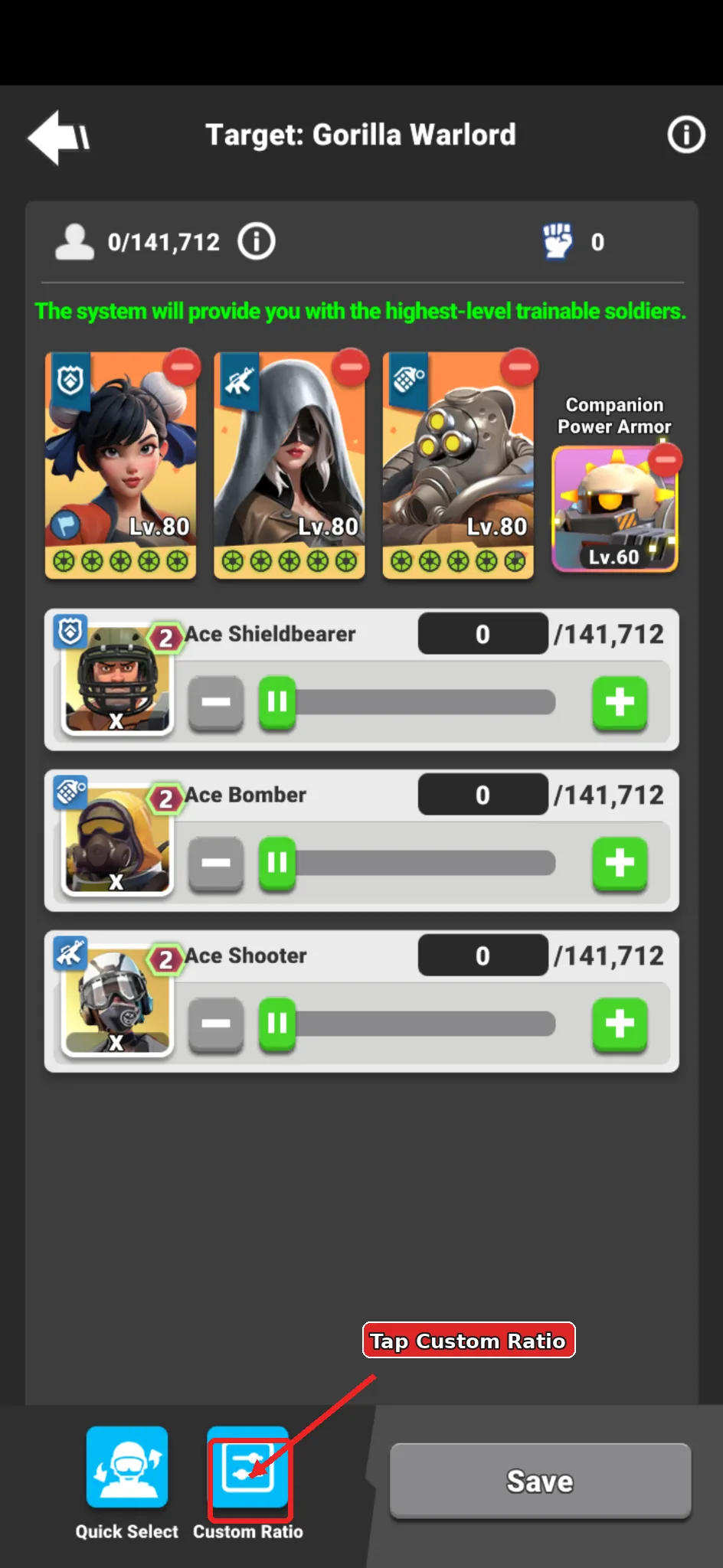 Annotated formation edit screen showing the Custom Ratio button.