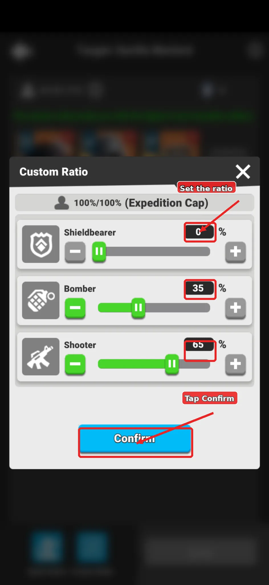 Annotated Custom Ratio screen showing the ratio sliders and Confirm button.