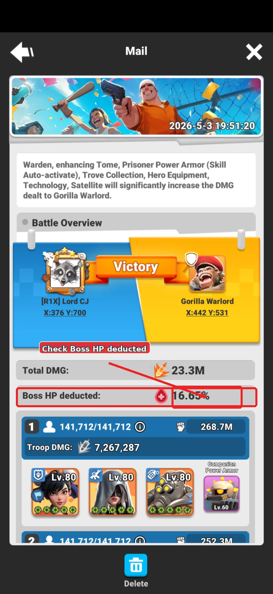 Annotated Gorilla report showing the Boss HP deducted percentage.