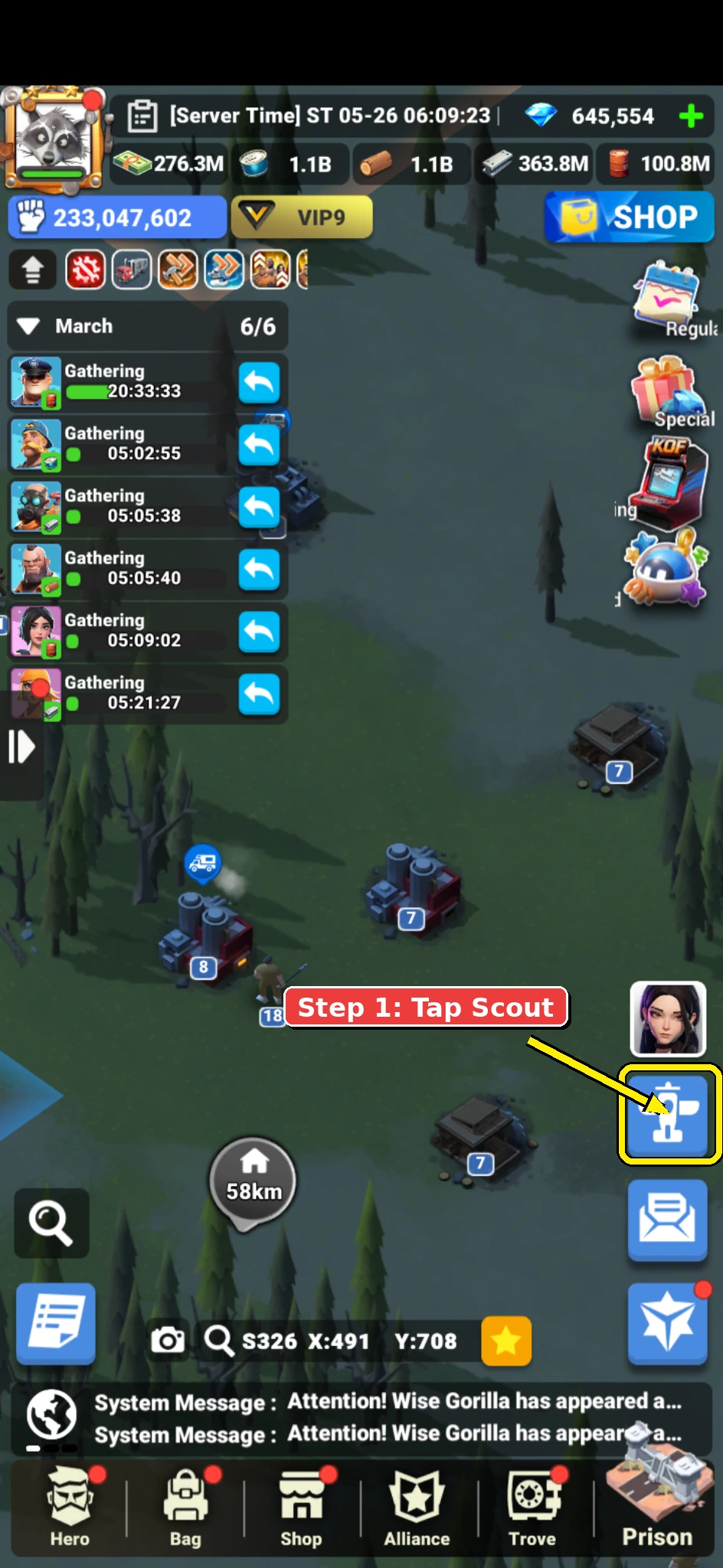 Annotated Mech Riot screenshot showing the Scout Intelligence button on the main map.
