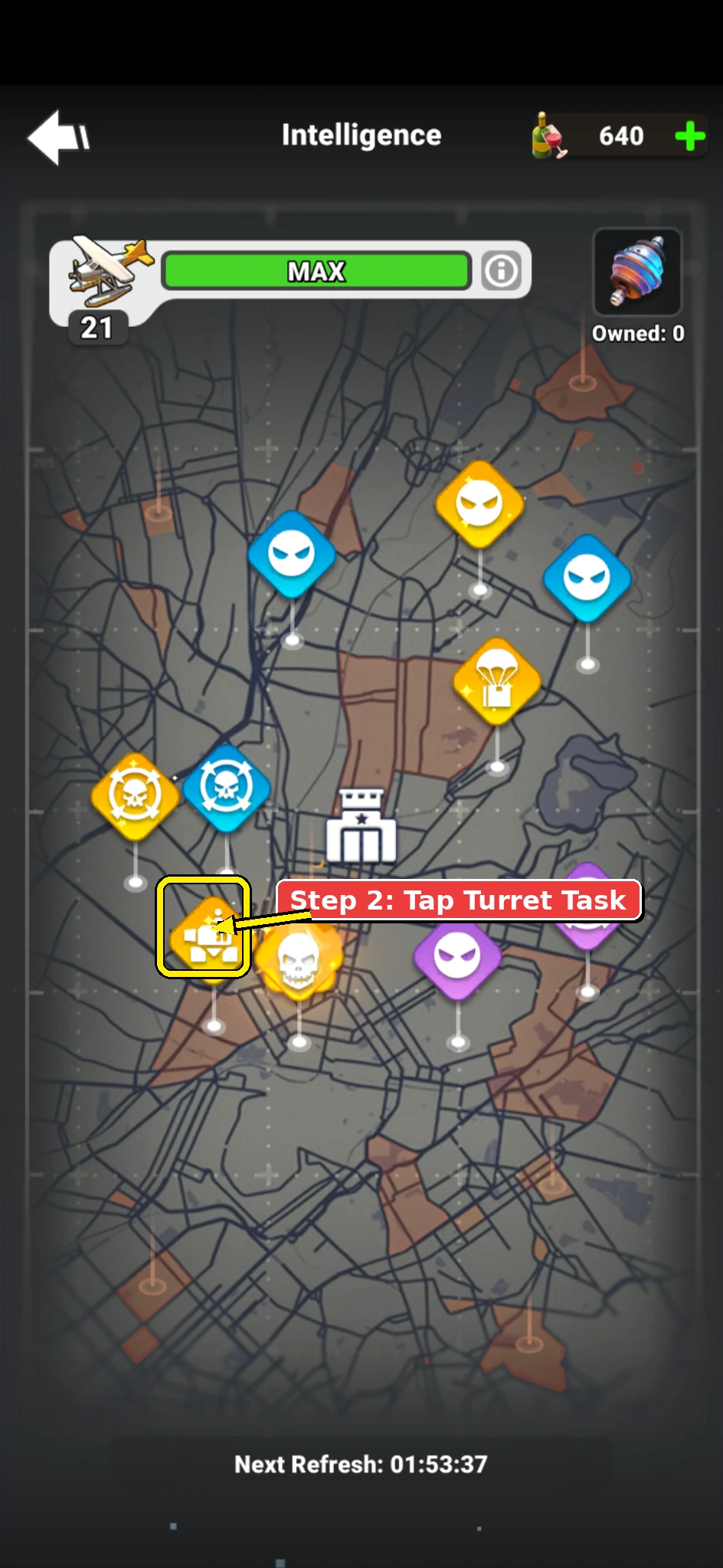 Annotated Mech Riot screenshot showing the gold turret task on the Intelligence map.