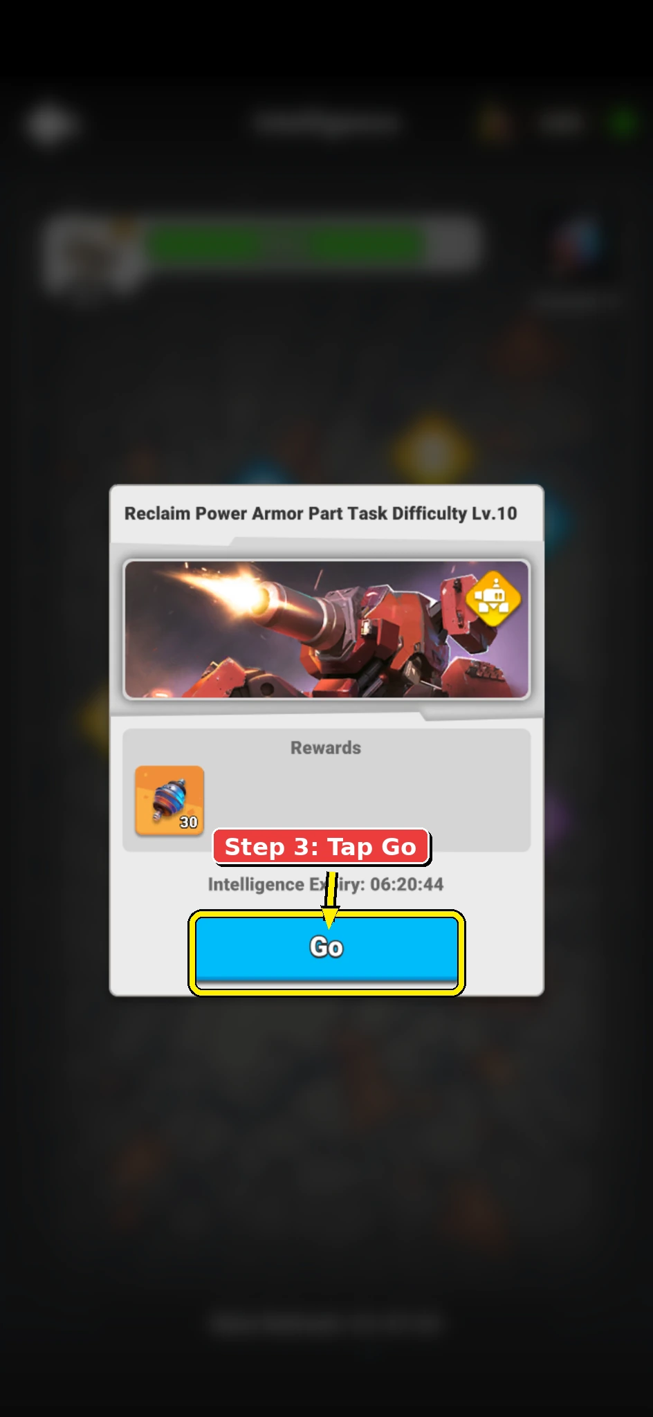 Annotated Mech Riot screenshot showing the Rogue Armor task reward preview and Go button.