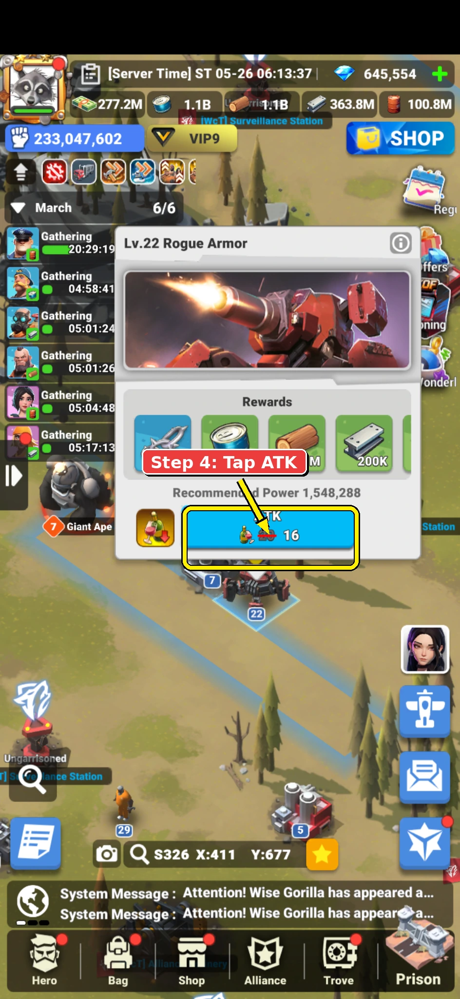 Annotated Mech Riot screenshot showing the Rogue Armor target card and ATK button.