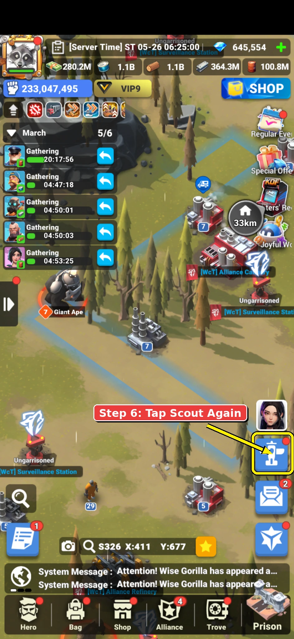 Annotated Mech Riot screenshot showing the Scout button with a notification dot after the attack.