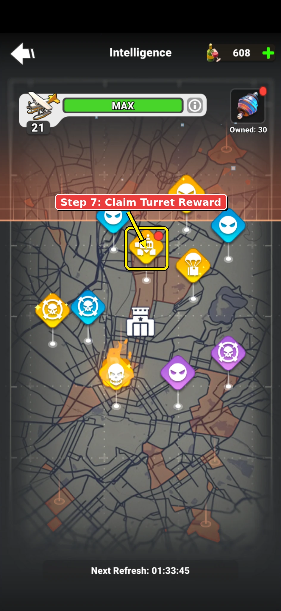 Annotated Mech Riot screenshot showing the completed turret task with a red dot in Scout Intelligence.