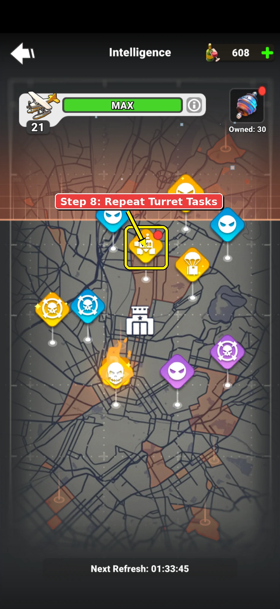 Annotated Mech Riot screenshot showing more turret tasks to repeat in the Intelligence menu.