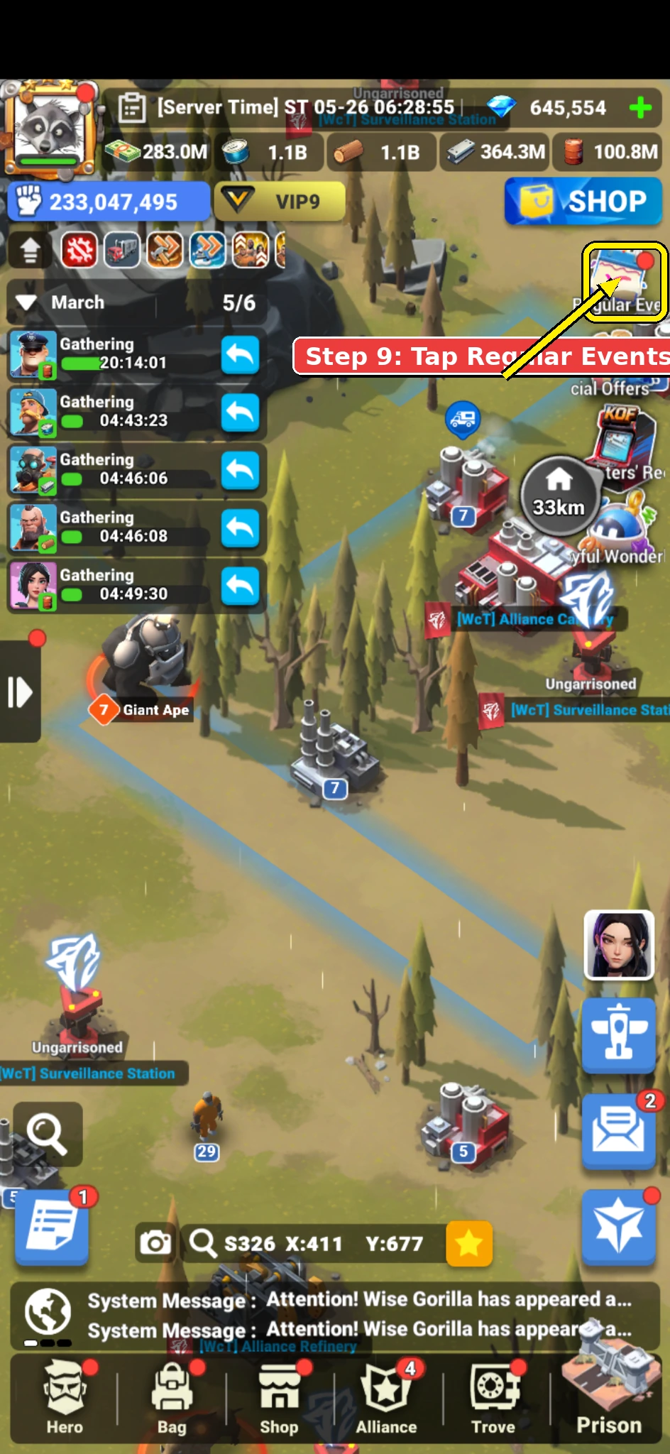 Annotated Mech Riot screenshot showing the Regular Events calendar icon on the main map.