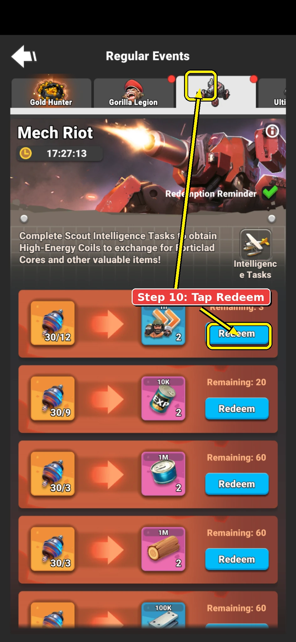 Annotated Mech Riot screenshot showing the Mech Riot reward redemption tab and Redeem buttons.