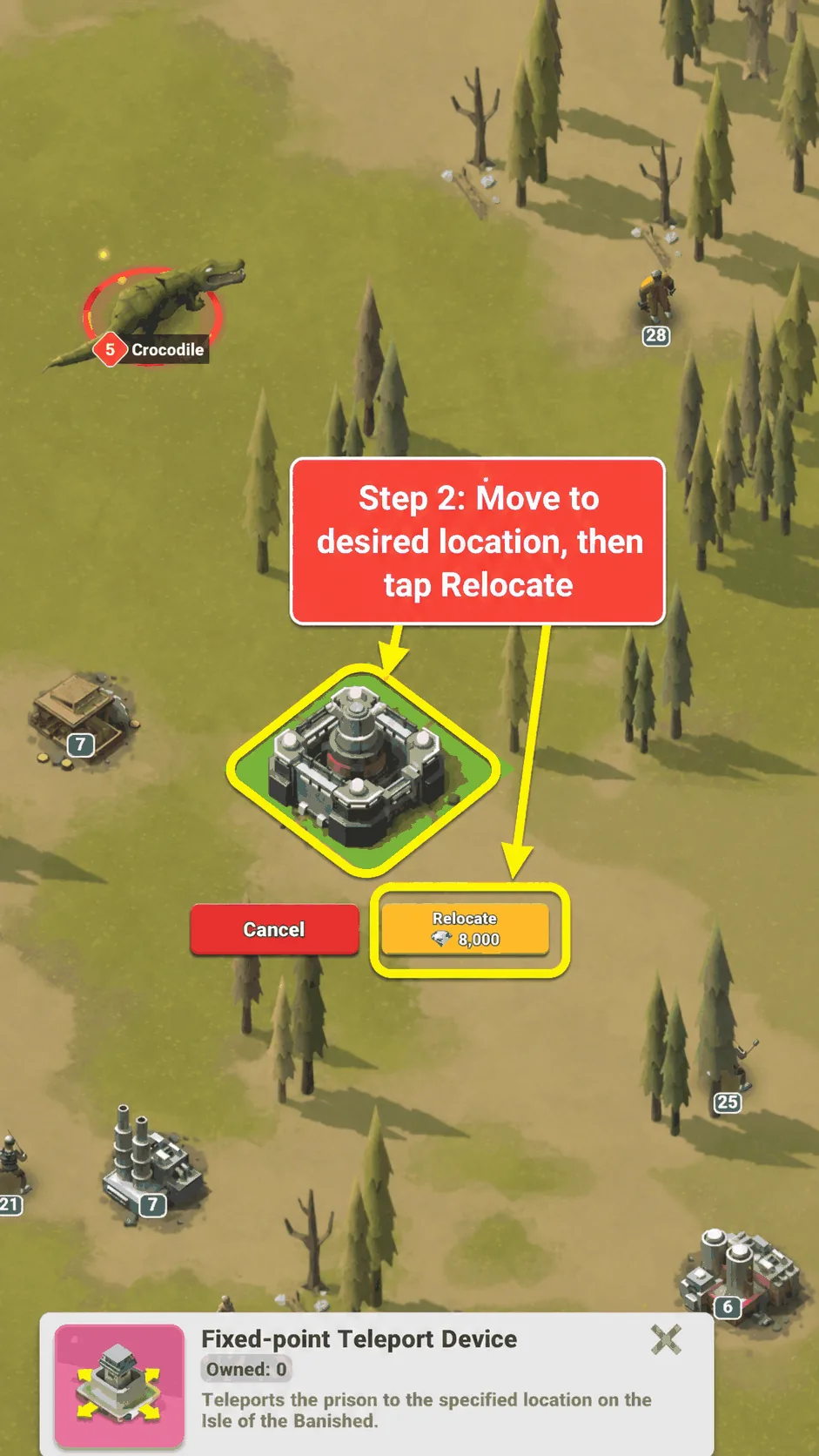 Step 2 screenshot showing the desired prison location and Relocate button.