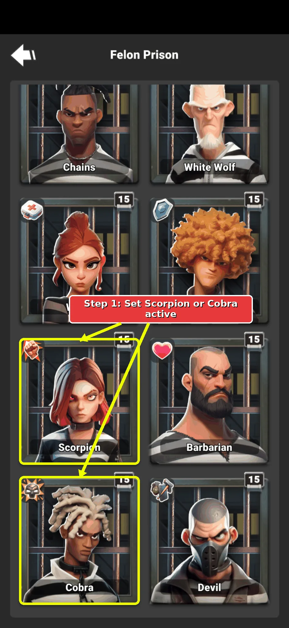 Annotated Dungeon screen showing the active felon setup for Ultimate Trial.
