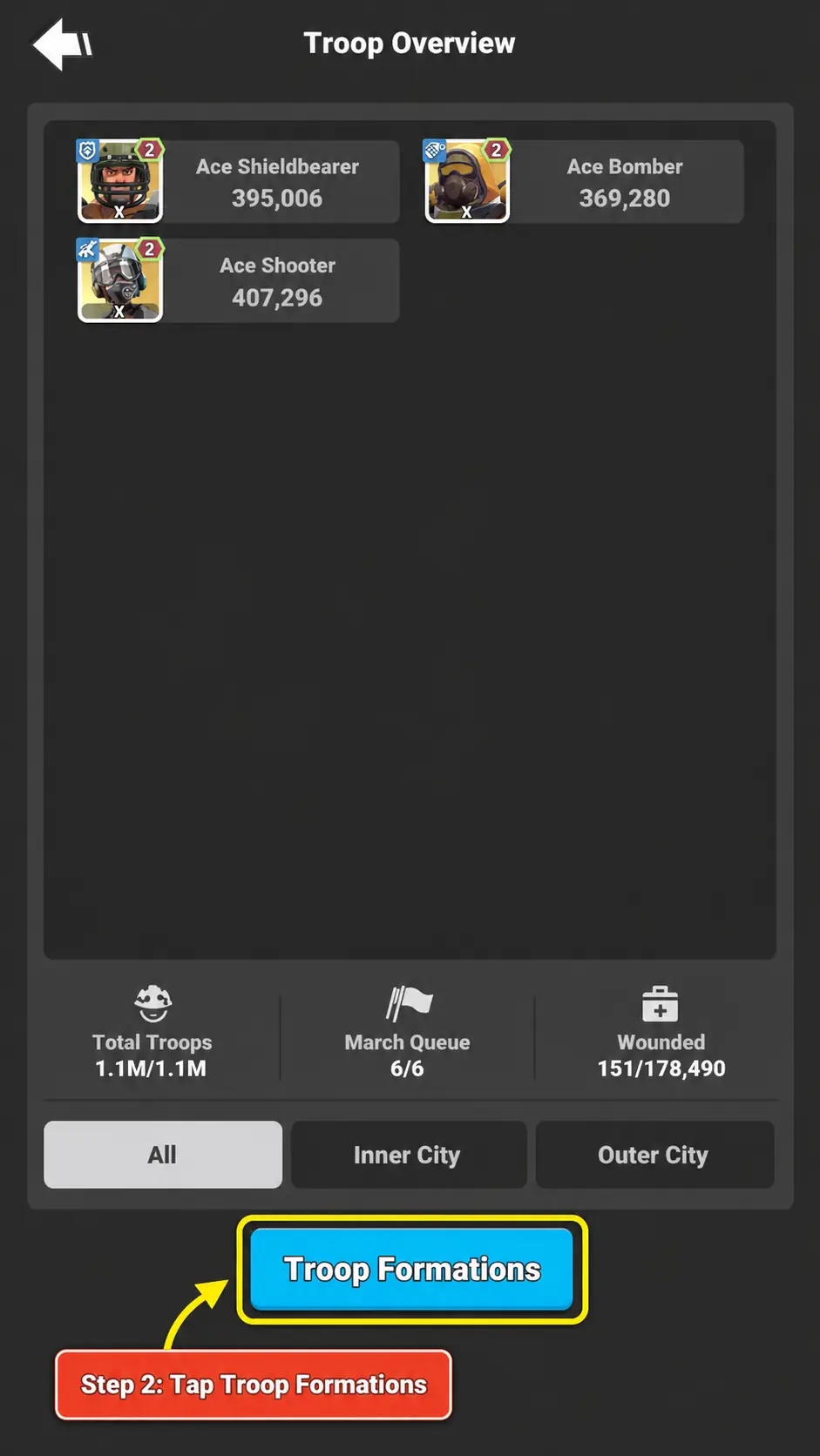 Step 2 screenshot showing the Troop Formations button.