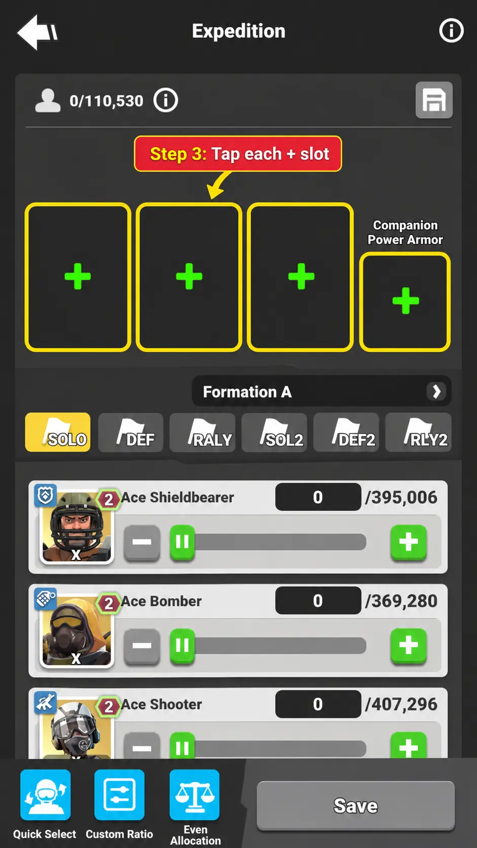 Step 3 screenshot showing Formation A and empty formation slots.