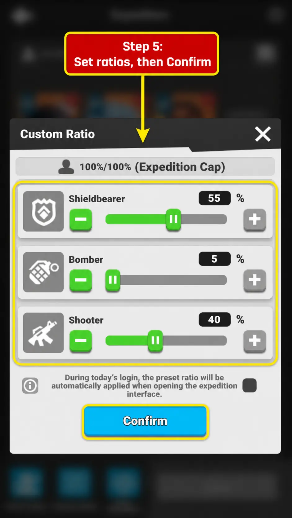 Step 5 screenshot showing troop ratio sliders and percentage fields.