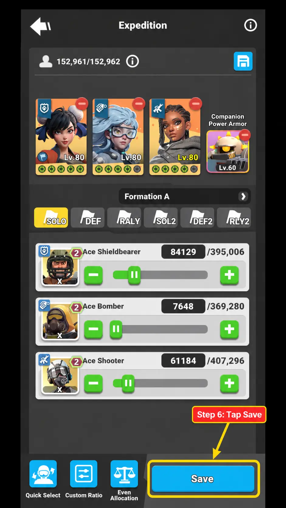 Step 6 screenshot showing updated troop numbers and the Save button.