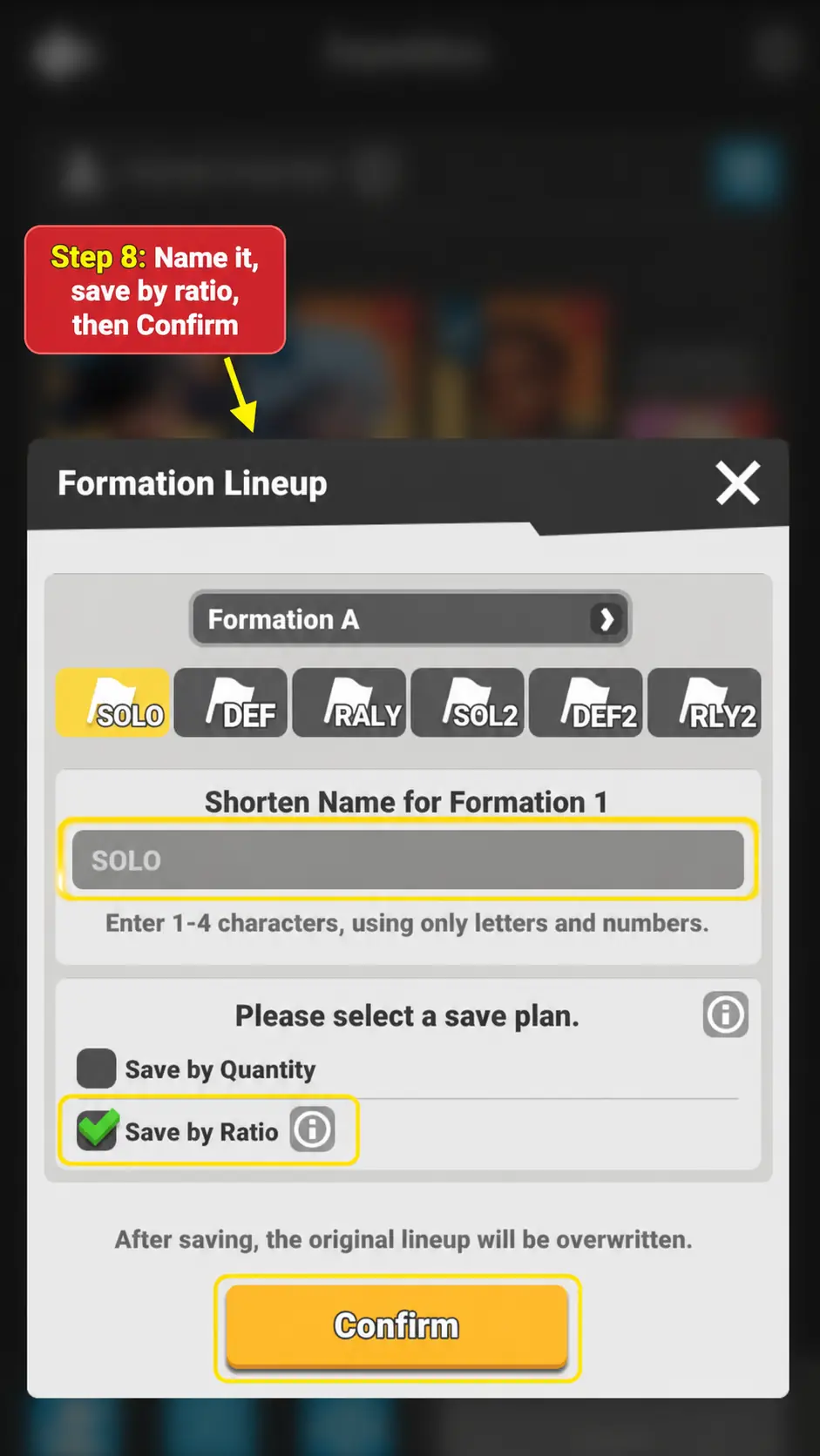 Step 8 screenshot showing the formation name and Save by Ratio checkbox.