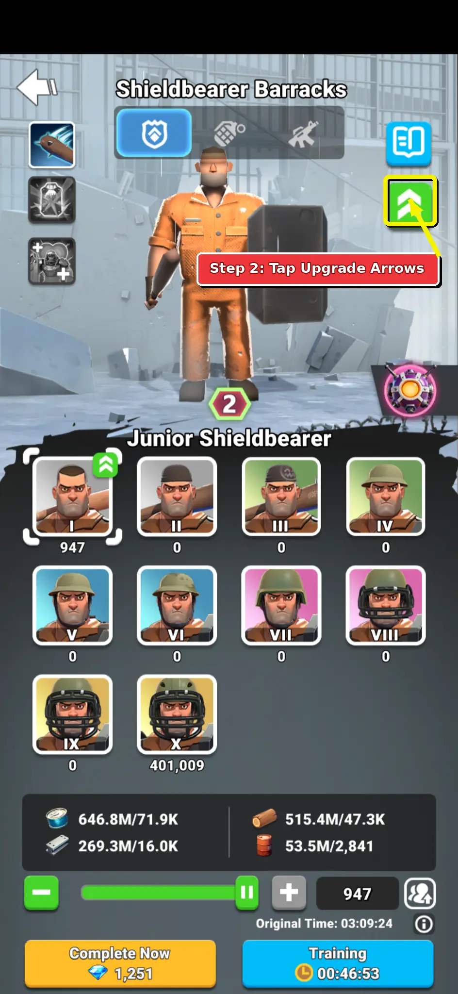 Step 2 screenshot showing the green upgrade arrows button on the barracks troop page.