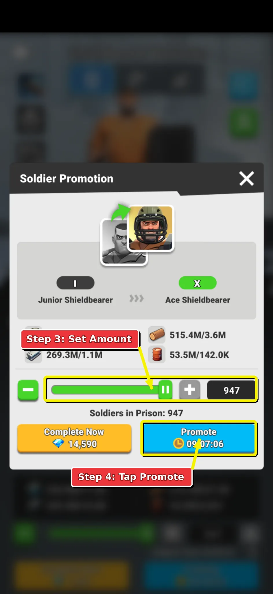 Step 3 screenshot showing the Soldier Promotion panel quantity controls and Promote button.